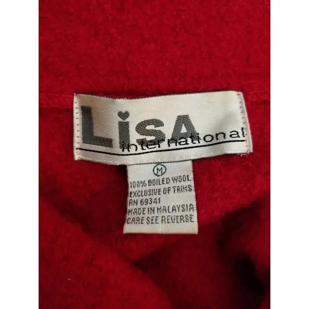 Vintage Lisa International Red Boiled Wool Cat Lady Zip Front Cardigan Medium